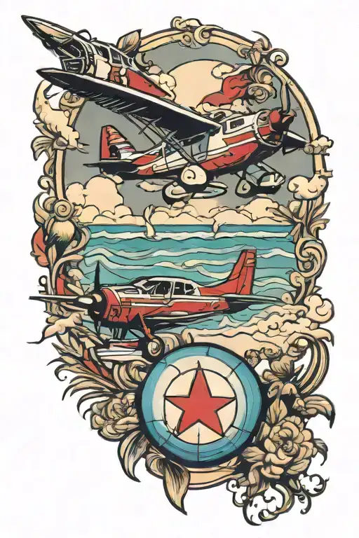 Beach scene with planes and buffalo bills football  tattoo design idea
