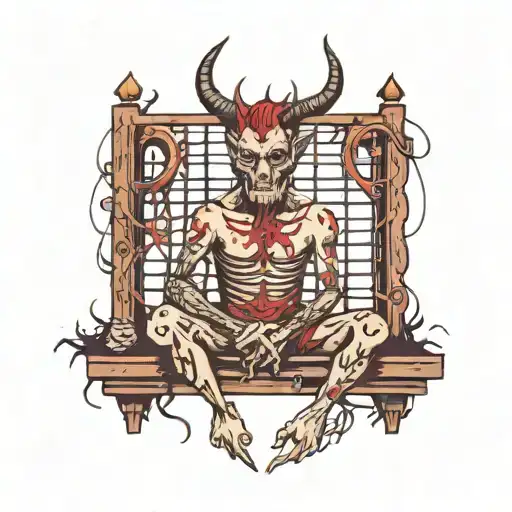 scary devil sat in a cage holding a hear  tattoo design idea