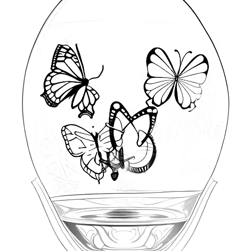 A sketch-style butterfly emerging from a shattered hourglass tattoo design idea