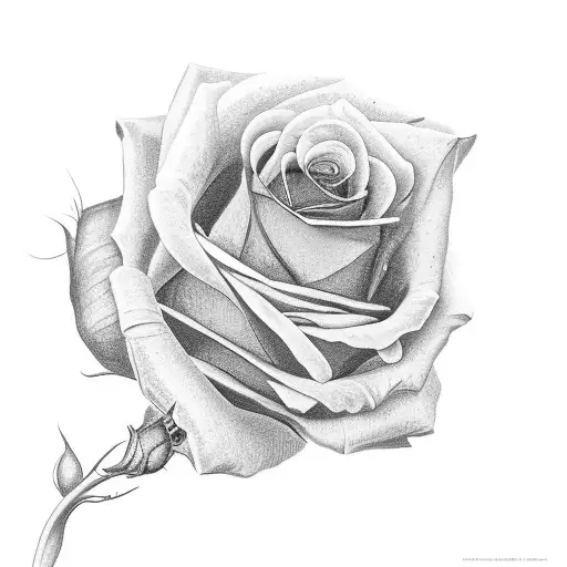 A realistic black and grey butterfly resting on a blooming black rose tattoo design idea