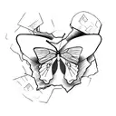 A sketch-style butterfly emerging from a shattered hourglass tattoo design idea