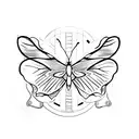A sketch-style butterfly emerging from a shattered hourglass tattoo design idea