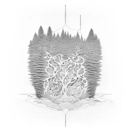 An intricate topographic map of a forest with hidden animals tattoo design idea