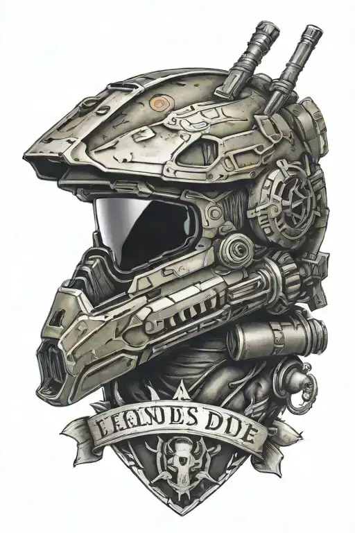 emile's helmet from halo reach sat on his shotgun with the words legends never die underneath tattoo design idea