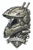 emile's helmet from halo reach sat on his shotgun with the words legends never die underneath tattoo design idea