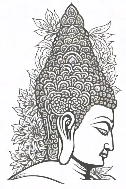 A striking black and white half sleeve tattoo centered on the serene face of the Buddha. The design highlights the Buddh tattoo design idea