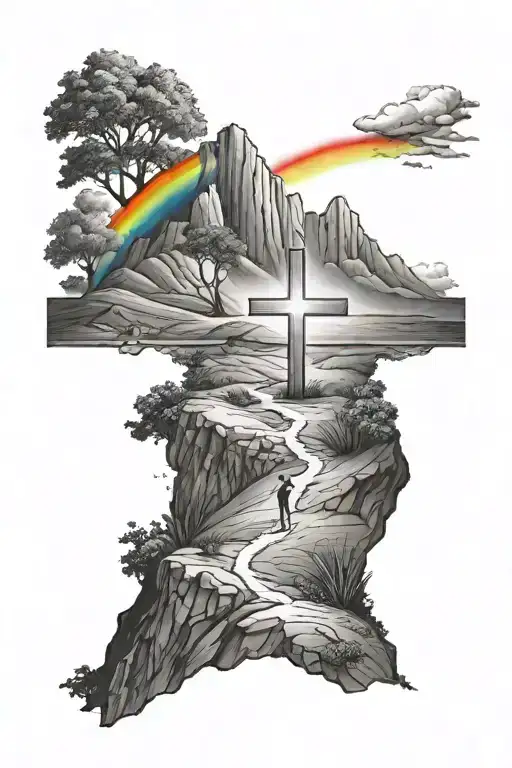 cross on a hill with a rainbow in the background black tattoo design idea