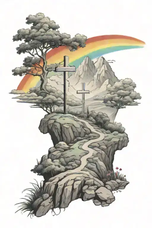 cross on a hill with a rainbow in the background black tattoo design idea