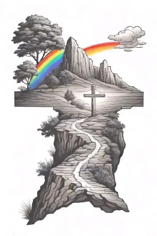 cross on a hill with a rainbow in the background black tattoo design idea