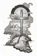 cross on a hill with a rainbow in the background black tattoo design idea