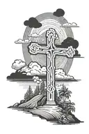 cross on a hill with a rainbow in the background black tattoo design idea