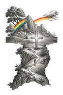 cross on a hill with a rainbow in the background black tattoo design idea