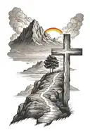 cross on a hill with a rainbow in the background black tattoo design idea