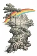 cross on a hill with a rainbow in the background black tattoo design idea