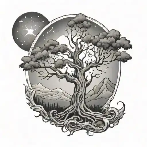 tree if life with stars in the background and something to do with god tattoo design idea