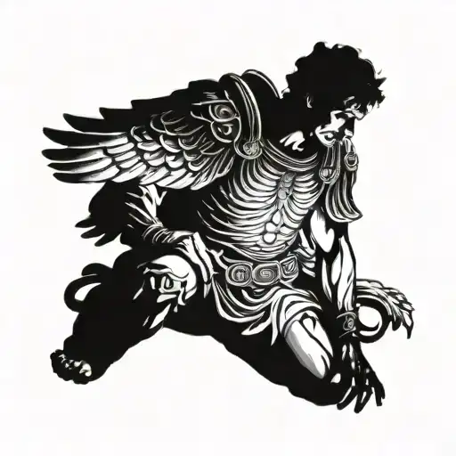 roman soldier kneeling on skulls, a cherub angel looking down upon him tattoo design idea