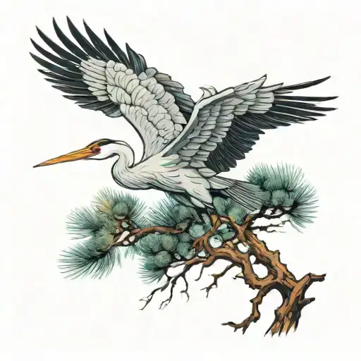 A crane with outstretched wings, standing on the branch of a pine tree, looks magnificent, style colorful ink painting  tattoo design idea