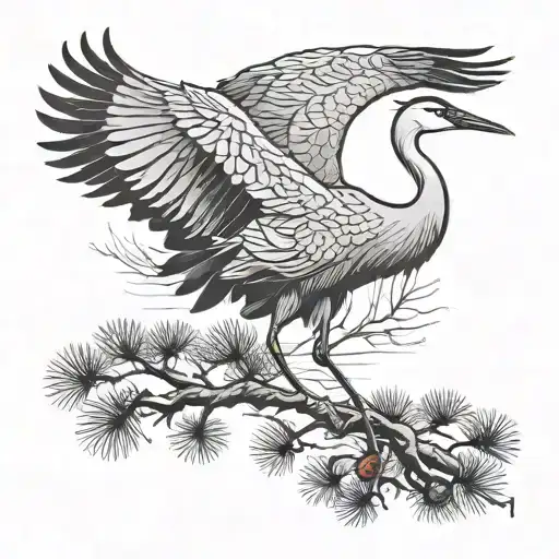 A crane with outstretched wings, standing on the branch of a pine tree, looks magnificent, style colorful ink painting  tattoo design idea