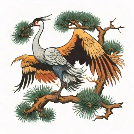 A crane with outstretched wings, standing on the branch of a pine tree, looks magnificent, style colorful ink painting  tattoo design idea