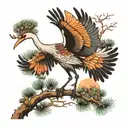 A crane with outstretched wings, standing on the branch of a pine tree, looks magnificent, style colorful ink painting  tattoo design idea