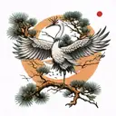 A crane with outstretched wings, standing on the branch of a pine tree, looks magnificent, style colorful ink painting  tattoo design idea