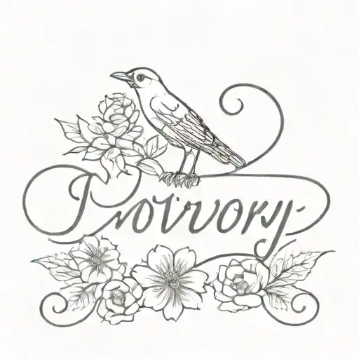 The name Ivory in a bold fancy cursive font blended with a heart, a sharp appealing flower, and a small soft bird. tattoo design idea