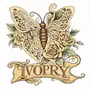 The name Ivory in a bold fancy cursive font blended with a heart, a sharp appealing flower, and a butterfly  tattoo design idea