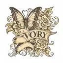 The name Ivory in a bold fancy cursive font blended with a heart, a sharp appealing flower, and a butterfly  tattoo design idea
