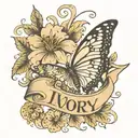 The name Ivory in a bold fancy cursive font blended with a heart, a sharp appealing flower, and a butterfly  tattoo design idea