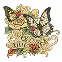 The name Ivory in a bold fancy cursive font blended with a heart, a sharp appealing flower, and a butterfly  tattoo design idea