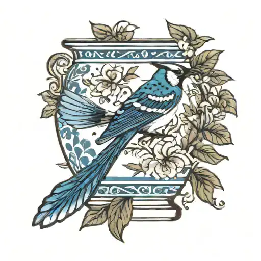 vase with a blue jay in the center with traditional china pattern on the vase tattoo design idea