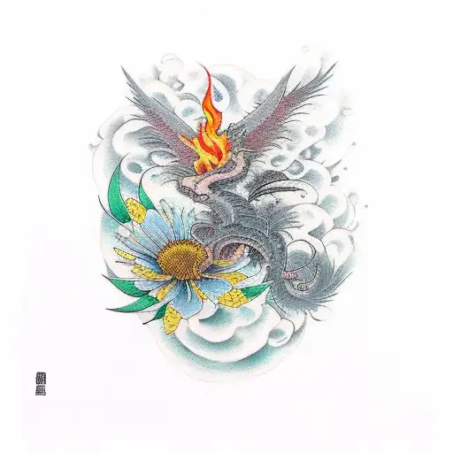 phœnix with flame and chrisanthemum on right arm  tattoo design idea