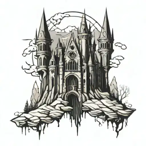 broken gothic castle in the mountains tattoo design idea