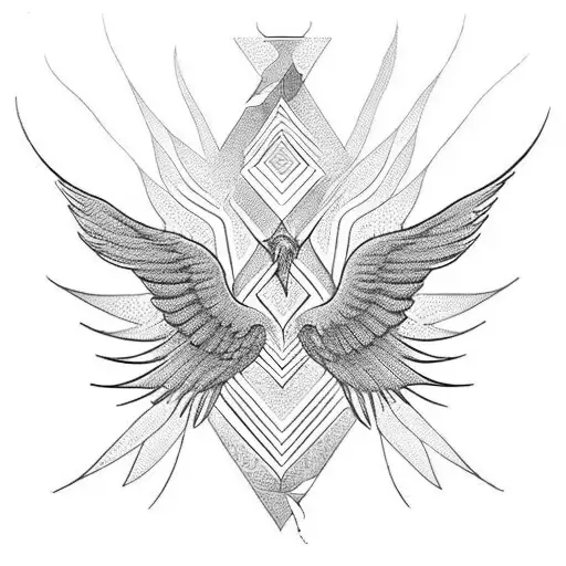 Phoenix spreading his wings with sacred geometry flames tattoo design idea