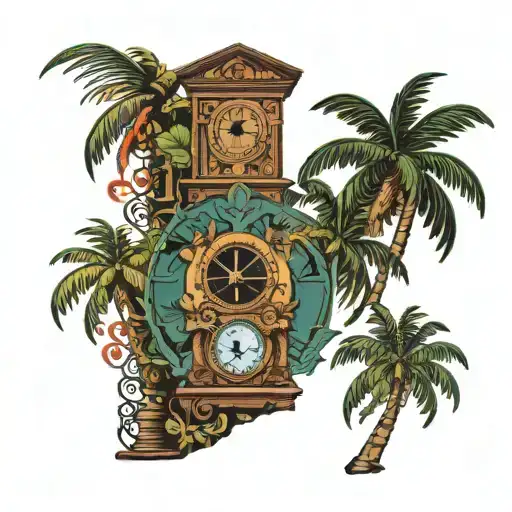Moko jumbie, estate whim st. Croix island, croix clock Tower and palm trees, cruzan coconut rum, Coerebidae, Handroanthu tattoo design idea