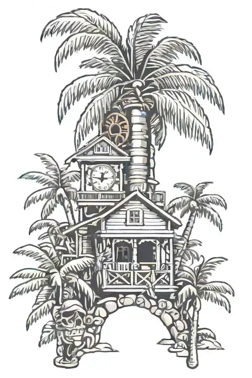 Moko jumbie, estate whim st. Croix island, croix clock Tower and palm trees, cruzan coconut rum, Coerebidae, Handroanthu tattoo design idea