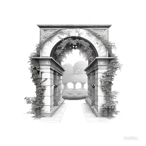 stone archway wrapped in ivy vines tattoo design idea