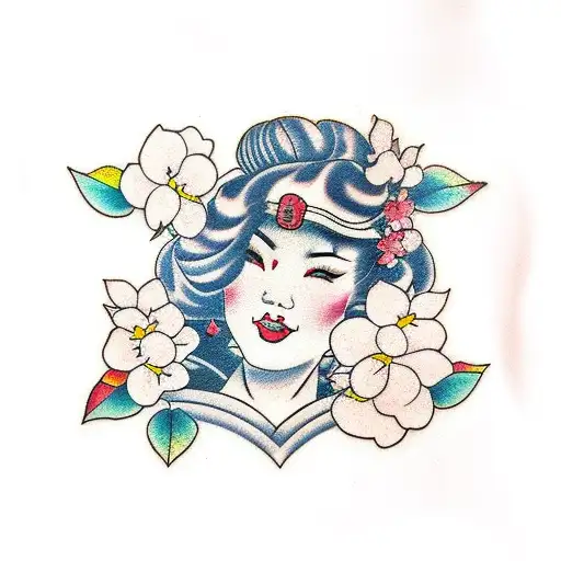 Plus size Geisha with cherry blossoms  tattoo design idea