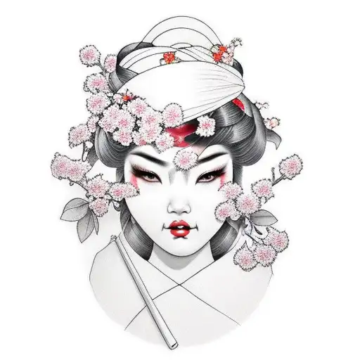 Plus size Geisha with cherry blossoms  tattoo design idea