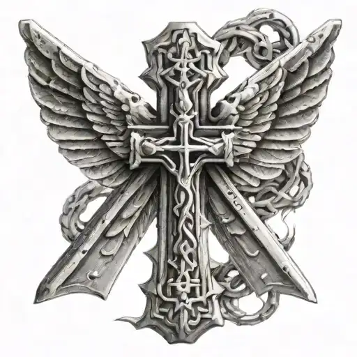 Can you generate a picture of a railroad nail shaped as a cross with archangel Michael holding it from above with a ribb tattoo design idea