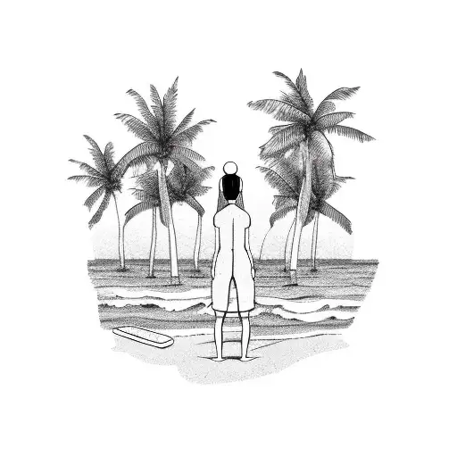 A minimalist sketch of a person meditating on a beach, surrounded by waves and palm trees tattoo design idea
