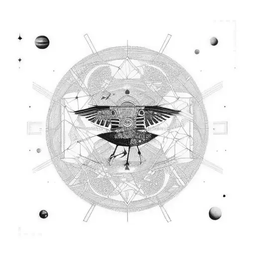 samouraï with japanese crane and a temple next to planets and universe. DNA on top tattoo design idea