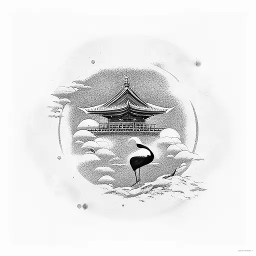 samouraï with japanese crane and a temple next to planets and universe on the arm  tattoo design idea