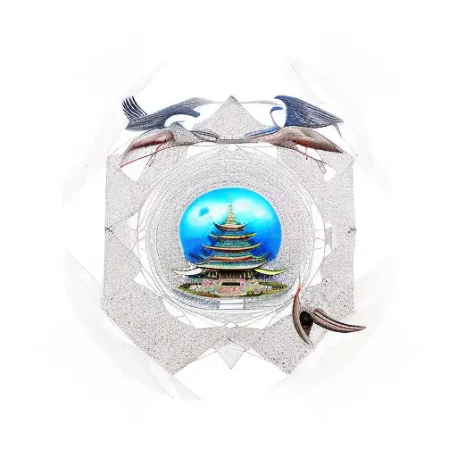 samouraï with japanese crane and a temple next to planets and universe. DNA on top tattoo design idea
