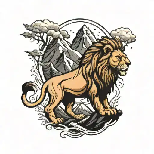 lion and mountain peak tattoo design idea