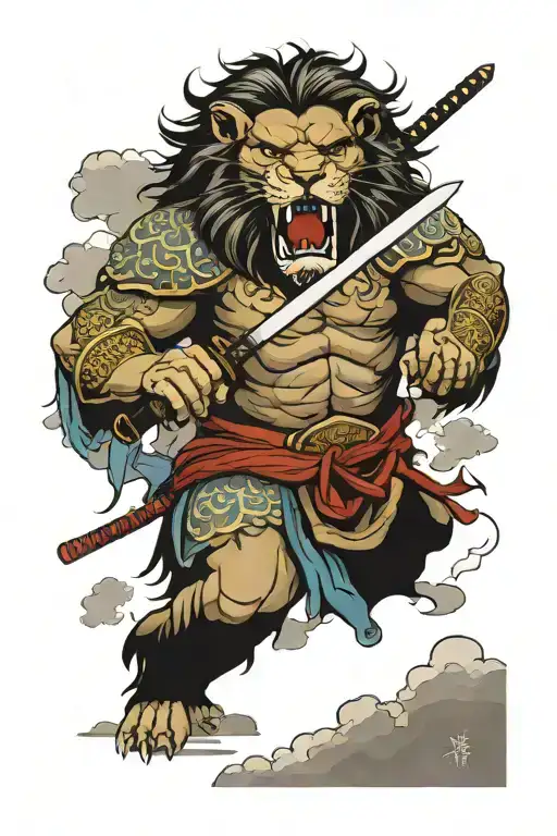 warrior lion roaring holding katana with clouds surrounding tattoo design idea