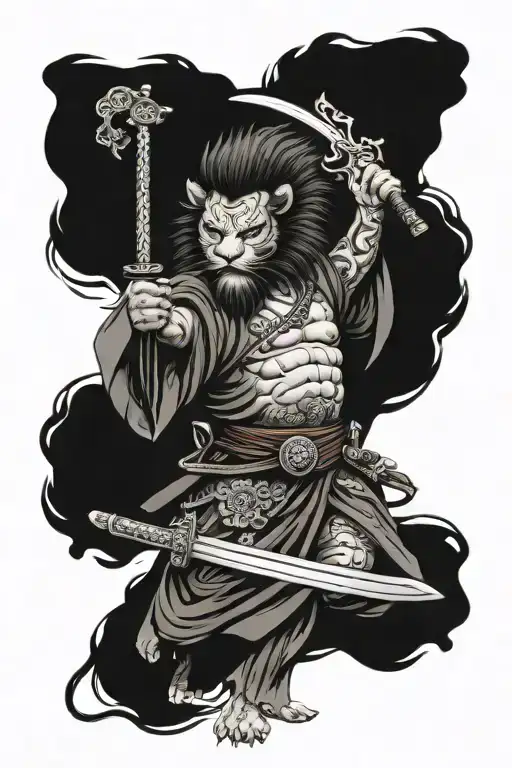 lion samurai warrior wielding a sword tattoo design idea