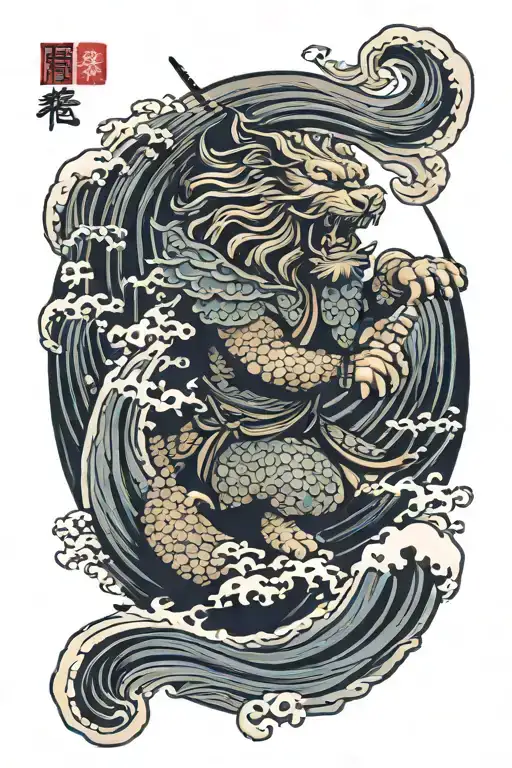 samurai lion with big wave merging tattoo design idea
