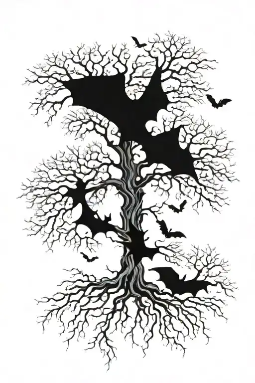 Long bulky leafless tree surrounded by fog and bats tattoo design idea