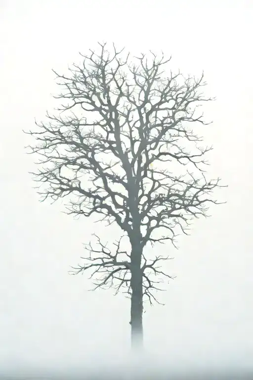Long bulky leafless tree surrounded by fog and bats tattoo design idea